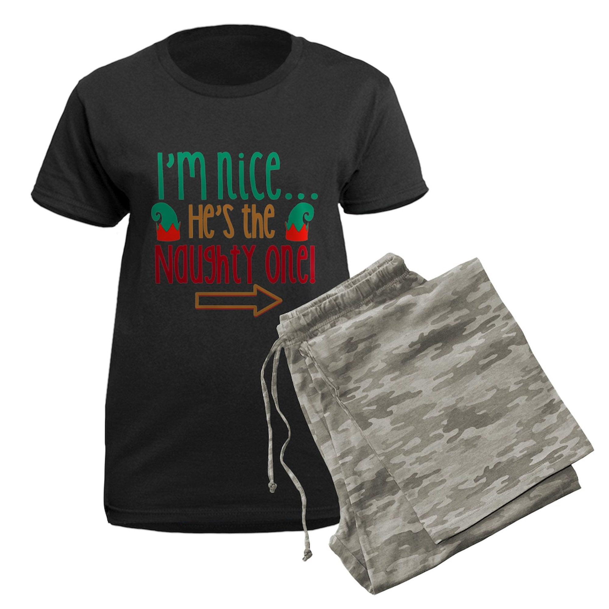 CafePress - Im Nice Hes Naughty Elf Hat Women's Dark Pajamas - Women's Short Sleeve Print T-Shirt and Pants Dark Cotton Pajama Set