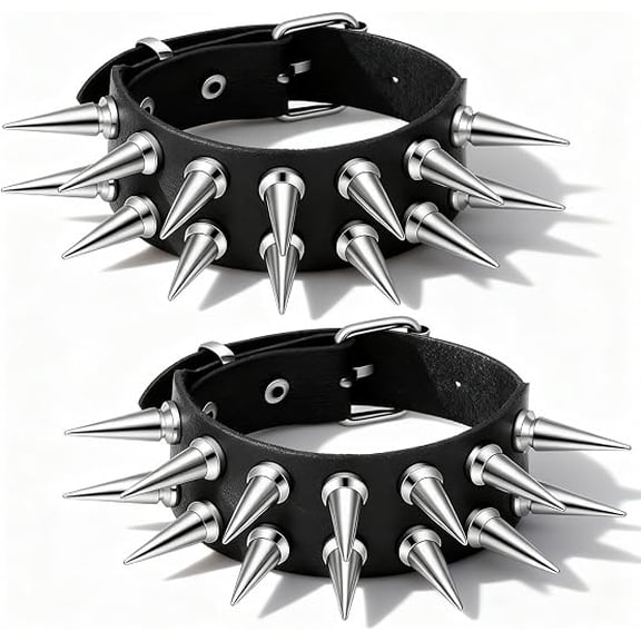 DESIGNICE 2 Pcs Long Spike Bracelet, Black PU Leather Punk Cuff Wristband for Men and Women, Gothic Rock Fashion Accessories