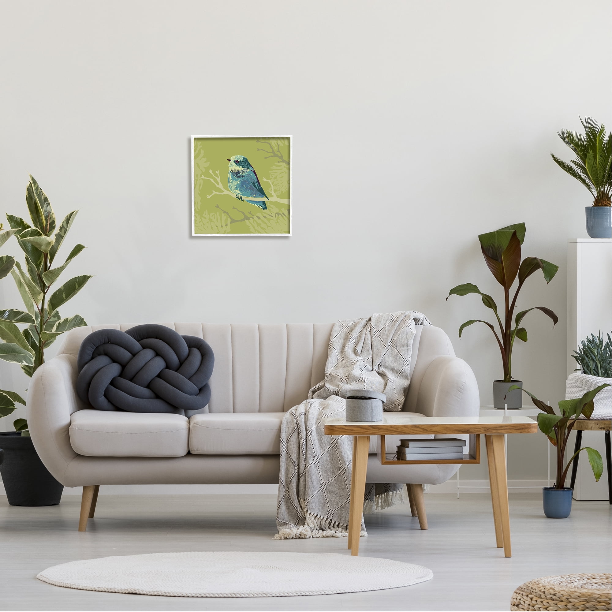 Stupell Industries Small Blue Bird Perched Modern Layered Botanicals Graphic Art White Framed Art Print Wall Art, Design by Verbrugge Watercolor