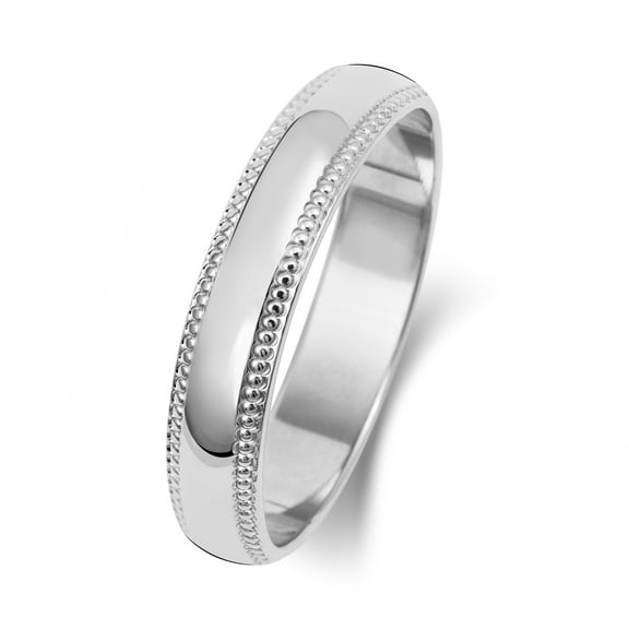 Light 9k White Gold 4mm D Shape Men/Women Milgrain Wedding Band/Ring