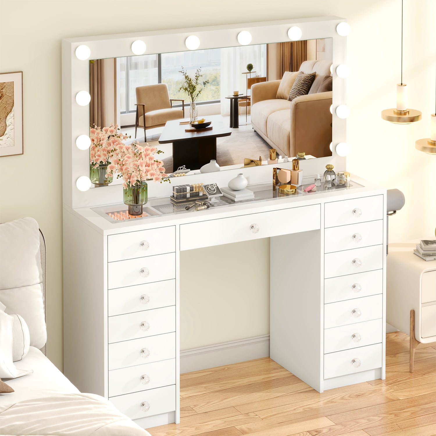 Winkalon Vanity Desk with Mirror and LED Lights, Makeup Vanity with 15 Drawers, Vanity Table with Power Outlet for Bedroom Dressing Room, White