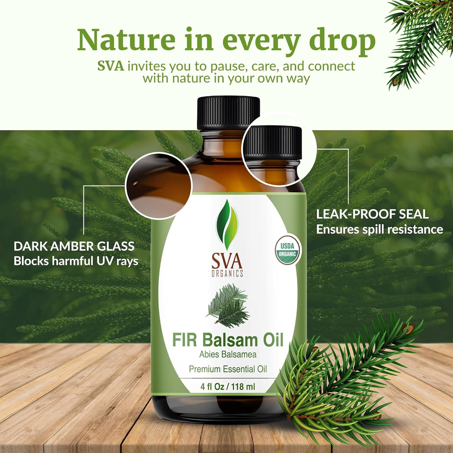 SVA Fir Balsam Essential Oil Organic – 4 Fl Oz – 100% Natural Organic Fir Oil - for Diffuser, Hair Care, Face, Skin Care, Aromatherapy, Scalp and Body Massage, Soap and Candle Making – with Dropper