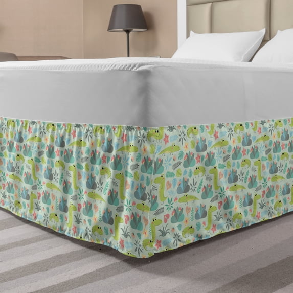 Crocodile Bed Skirt, Composition of Funny Exotic Plantation and Smiling Crawling Creatures, Elastic Bedskirt Dust Ruffle Wrap Around for Bedding Decor, 4 Sizes, Pale Green Multicolor, by Ambesonne