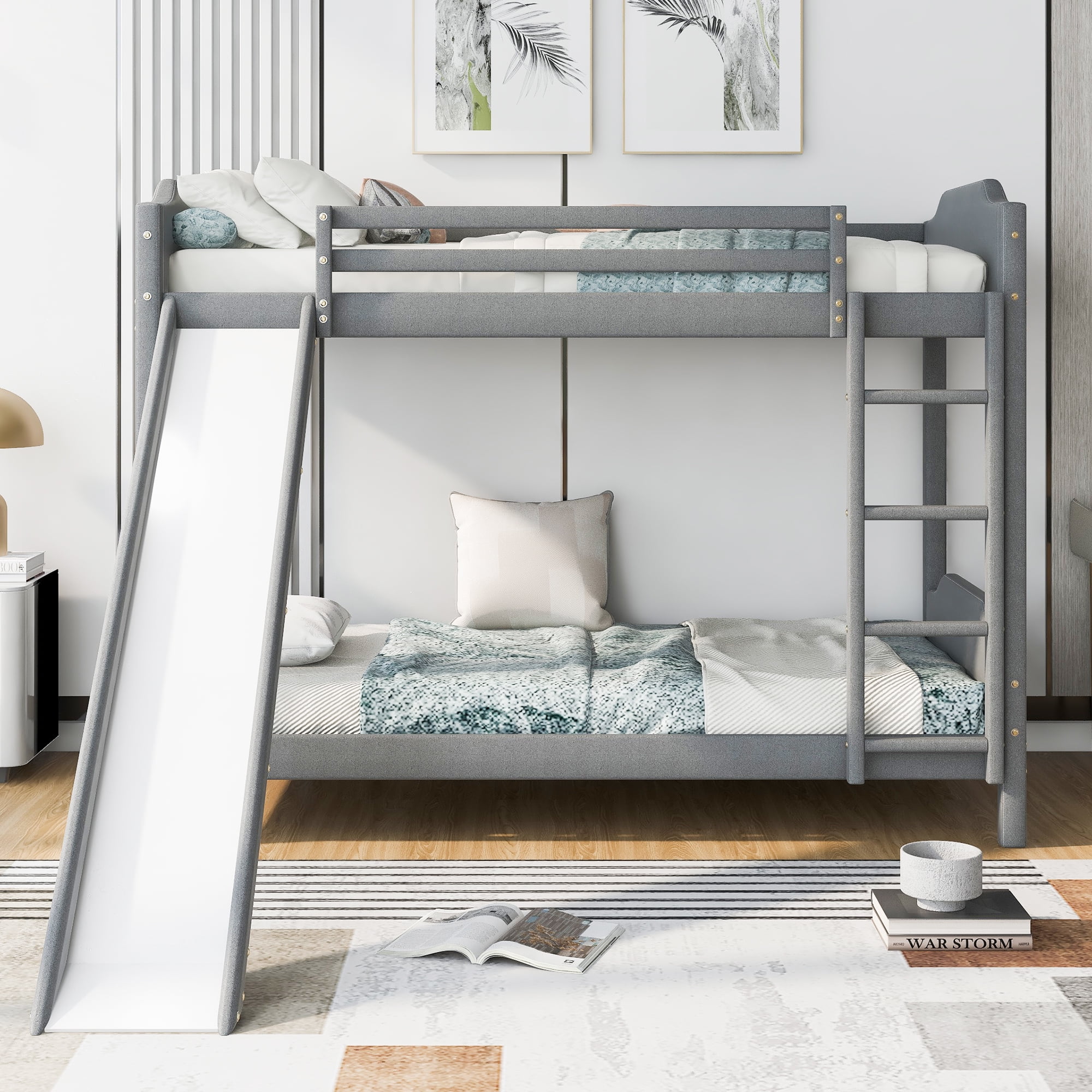 Solid Wood Twin Over Twin Upholstery Bunk Bed with Convertible Slide ...