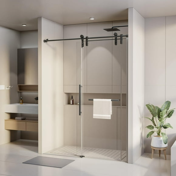 Gotland Porte de Douche 60 Po L x 75,5 Po H Porte de Douche Coulissante en Verre Deux Panneaux en Verre Verre Trempé Clair, Noir