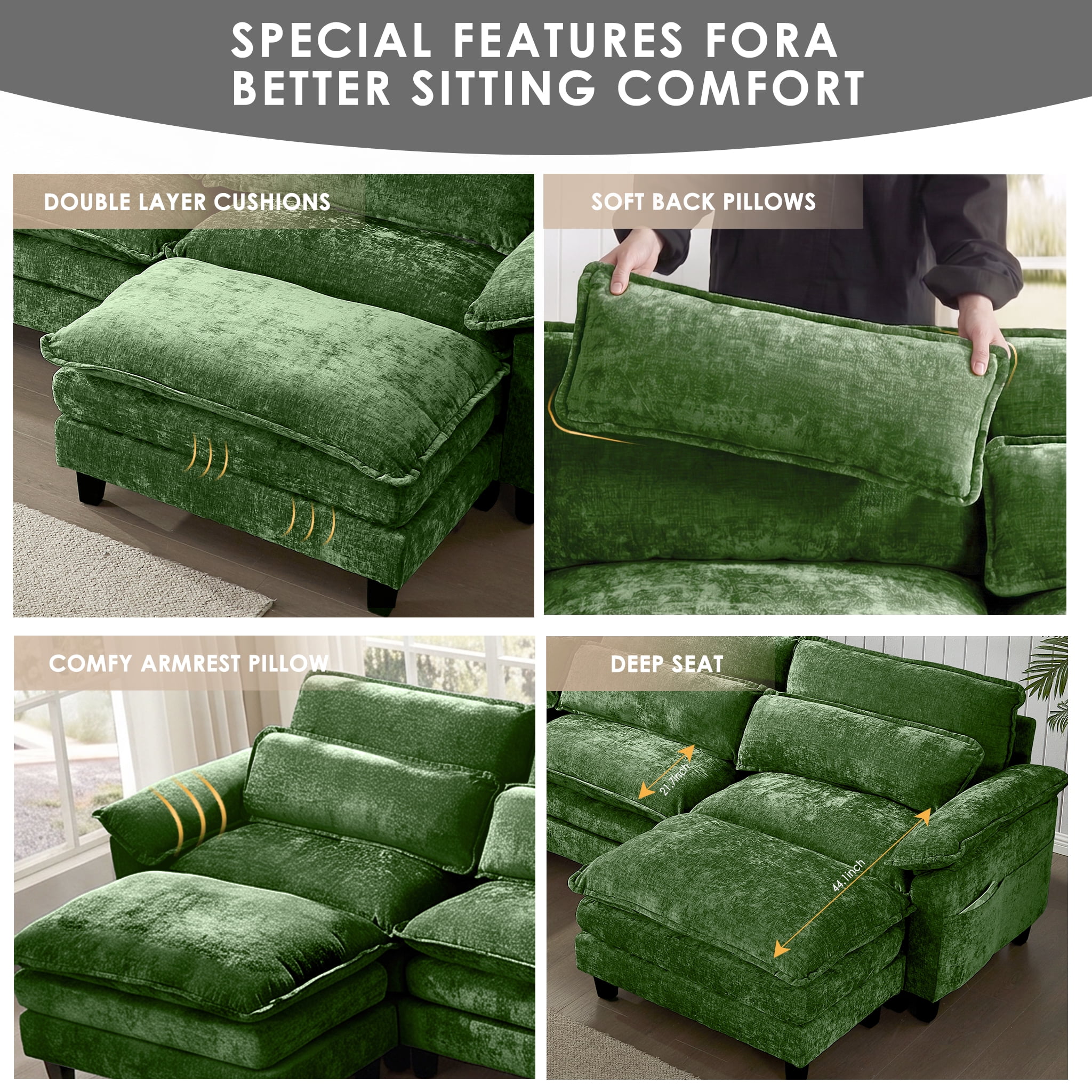 AISWORD U Shaped Cloud Couch Sectional, Oversized Modular Sofa with USB Charging, Hidden Storage, Cup Holders & Double Chaise for Living Room, Green