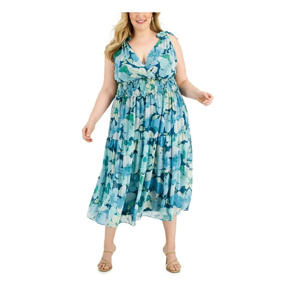 TAYLOR Womens Green Smocked Metallic Lined Tie Tiered Pullover Floral Sleeveless Surplice Neckline Tea-Length Empire Waist Dress Plus 22W