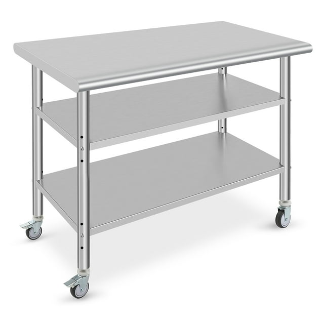 Yiwa Table de Préparation Mobile en Acier Inoxydable, Établi Robuste Certifié NSF avec Roulettes et Tablette Réglable sous l'Étagère pour Cuisine d'Hôtel et Garage