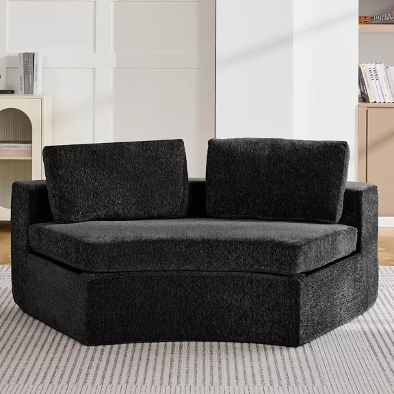 HASLE Curved Round Boneless Sofa, Oversized Modular Sectional Sofa with Deep Seat, Chenille Memory Foam Sofa with Pillows, Upholstered Comfy 2 Middle Seat Couch for Living Room, Black