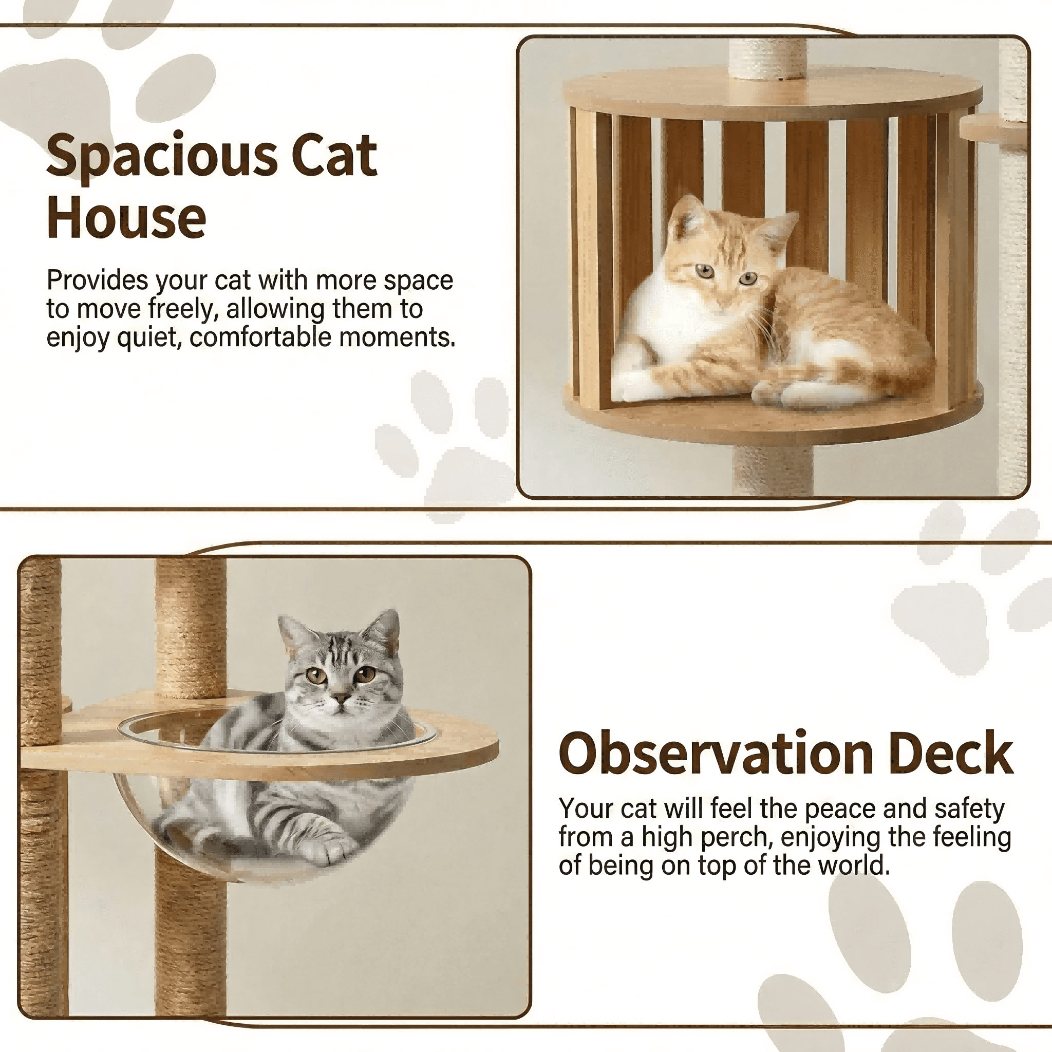 Mekidulu 72in Wood Cat Tree Tower with 4 Feeding Bowls and 12 Sisal Posts, Indoor Condo, Natural