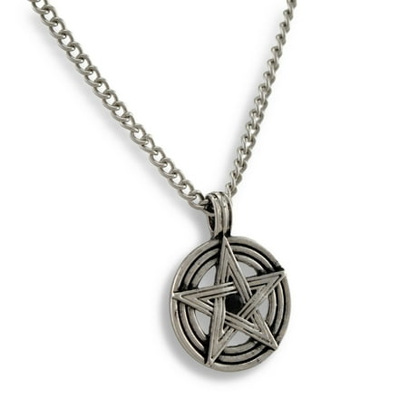 Chrome Plated Pentacle Necklace W/ Black Rhinestone 20 Inch