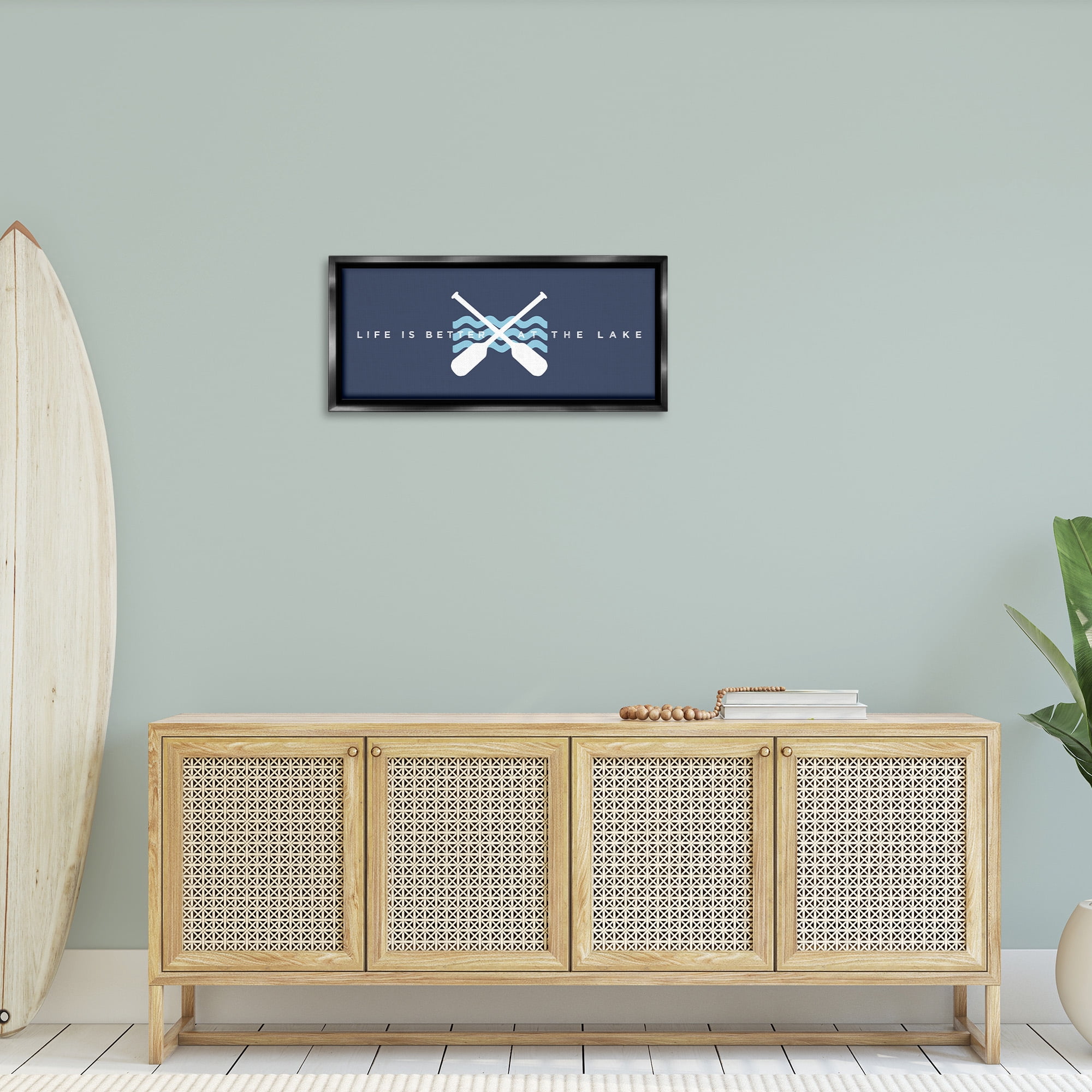 Stupell Industries Better At Lake with Crossed Oars Transportation Painting Black Floater Framed Canvas Art Print Wall Art, 31 x 14