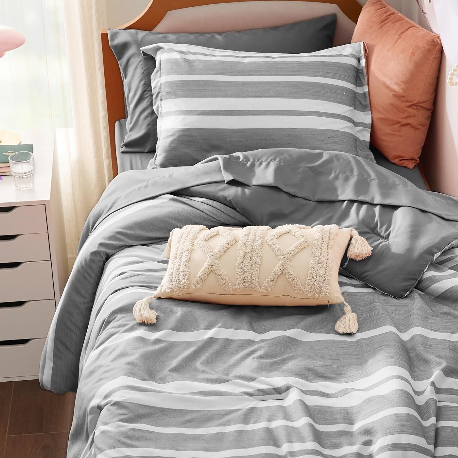 U by Bedsure King Comforter Set, 7 Pieces Gray White Striped Bedding Sets All Season, Bed in a Bag with Comforter, Sheets, Pillowcases & Shams