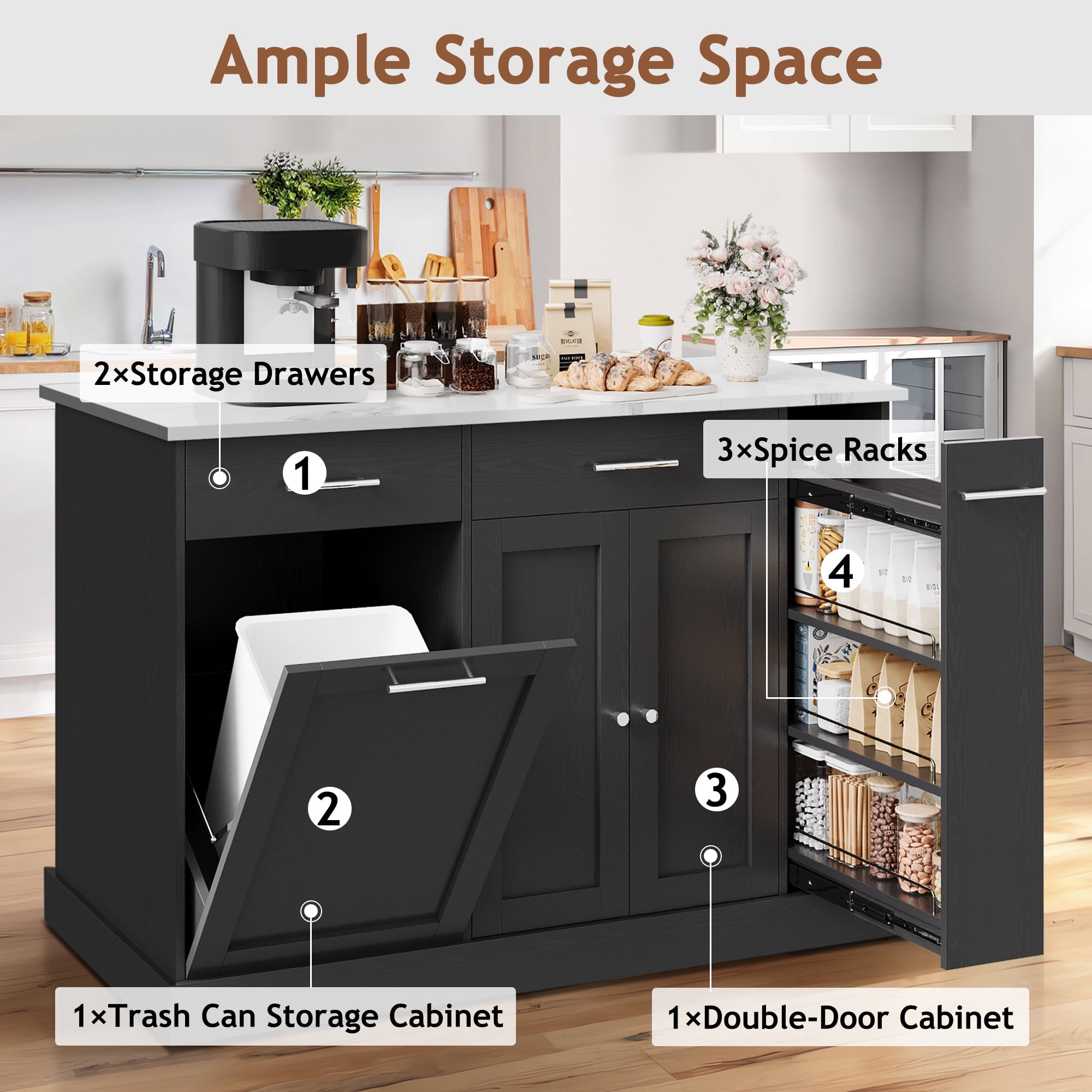 DreamCurship 52" Kitchen Island with Storage, Rolling Kitchen Cart Island with Wheels, Tilt Out Kitchen Trash Cabinet 10 Gallon Storage, 3 Large Spice Racks and 2 Drawers, Black and Marble