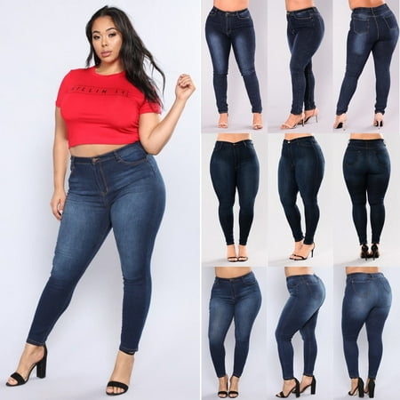 Women Plus Size Stretch Denim Skinny Jeans Leggings Pants High Waist ...