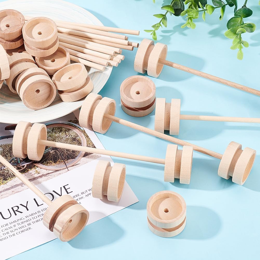 40Pcs 1.5x1 Inch Wooden Craft Wheels with 20Pcs 5.9 Inch Wooden Sticks Wood Vehicle Wheels Unfinshed Wooden Wheel Small Flat Round Wooden Wheels