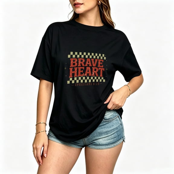 Womens Graphic Tees Short Sleeve T Shirts | Cotton Loose Casual Tops for Teen Girls, Vintage Brave Heart Checkered Letter Graphic T-shirts