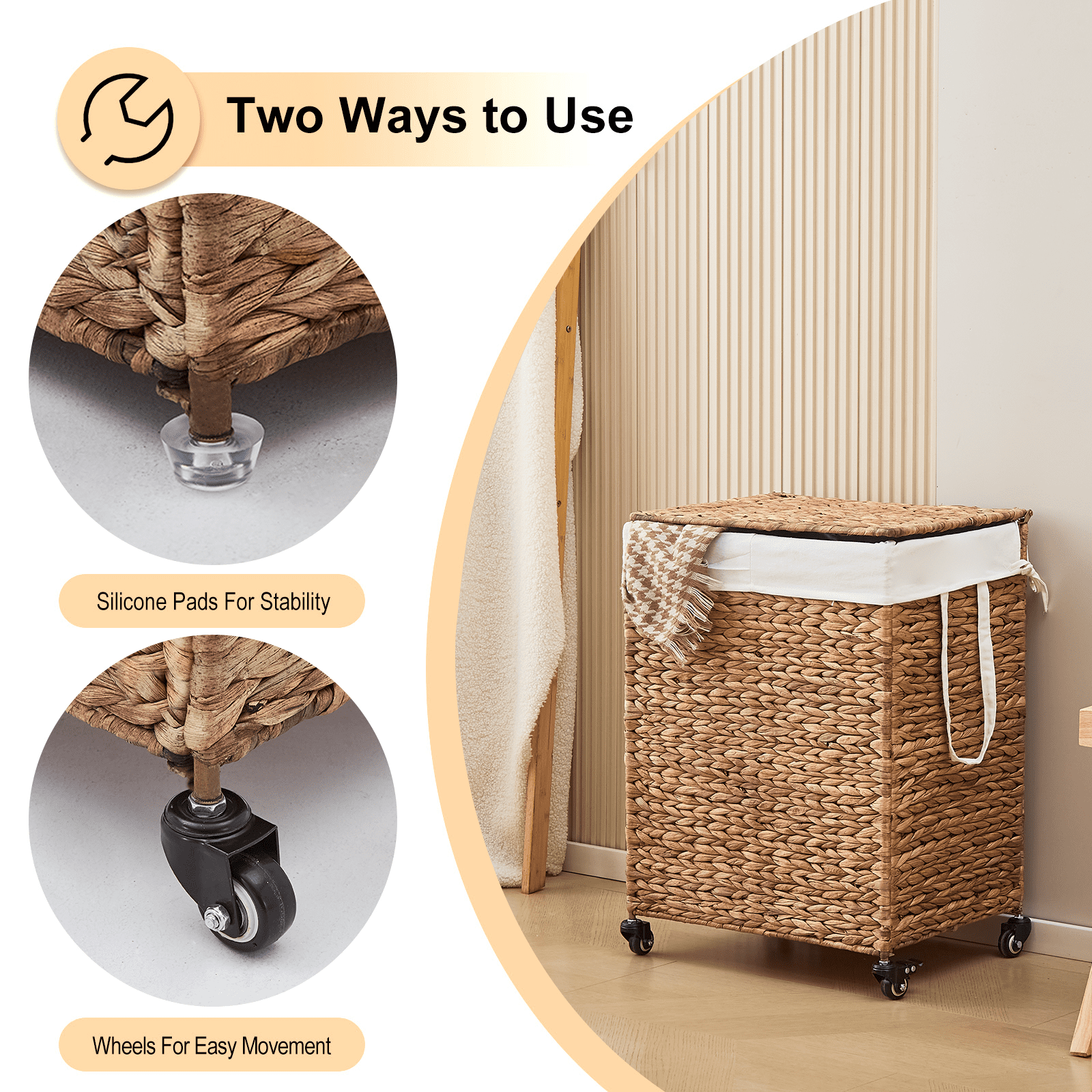 100L 2-Section Laundry Hamper with Lid and Wheels, Woven Natural Water Hyacinth