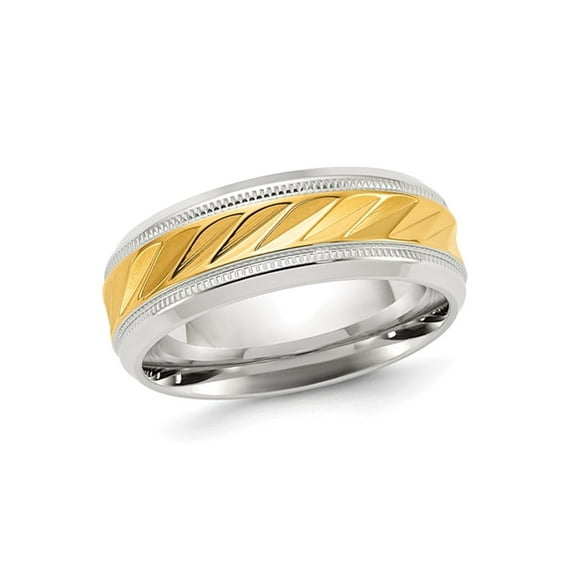 Mens Stainless Steel Polished Yellow Plated Grooved Band Ring (8mm) for Men