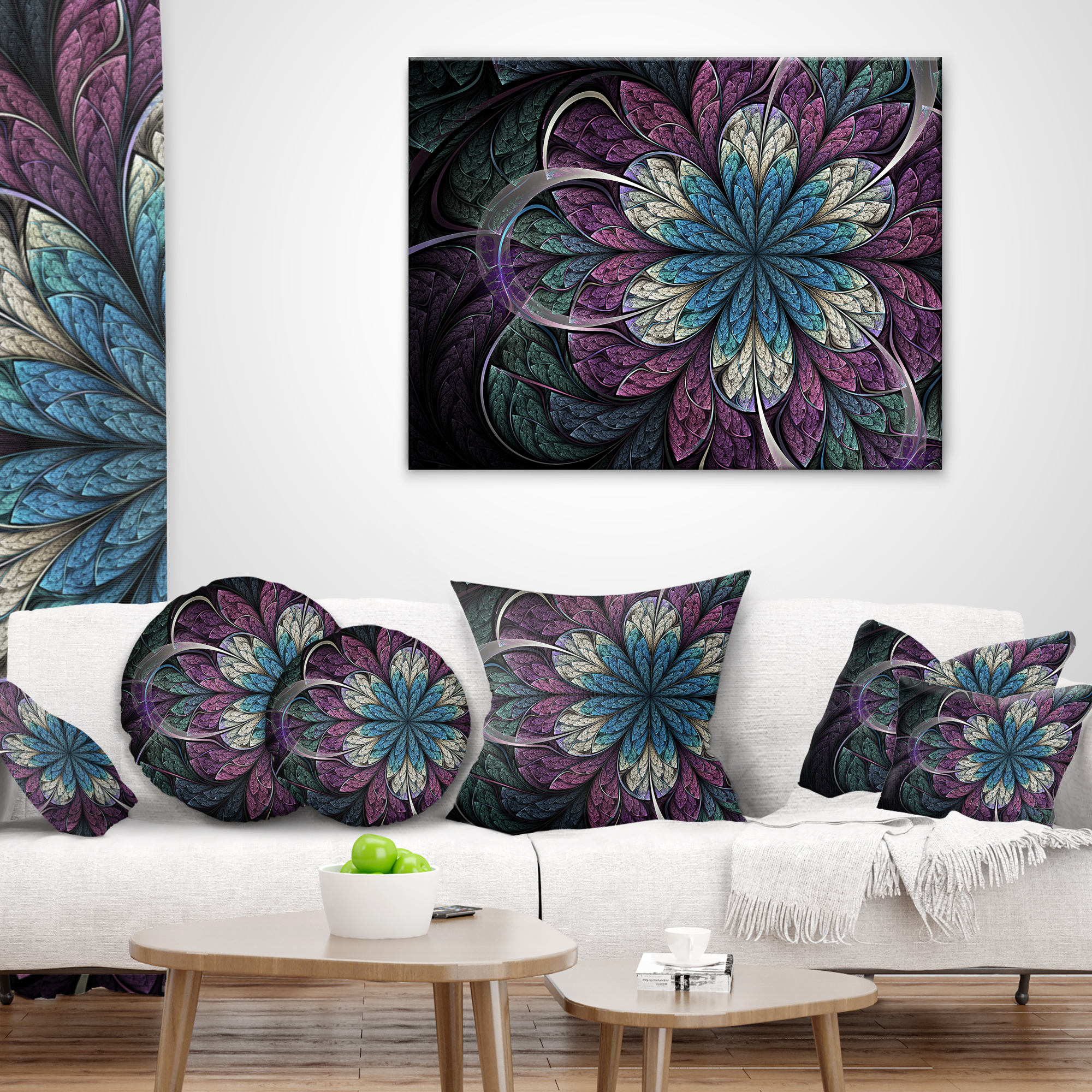 Designart Purple Blue Rounded Fractal Flower - Floral Throw Pillow - 16x16