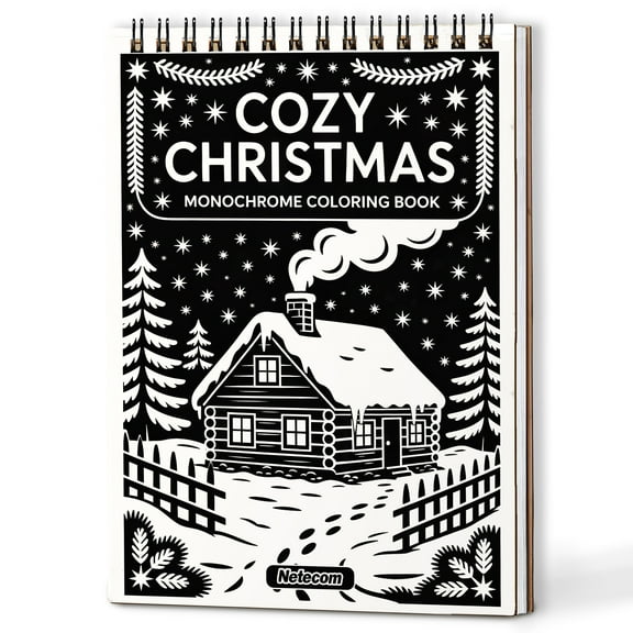 Cozy Christmas Monochrome Coloring Book Spiral Bound for Adults, A5 Wooden Cover, Relaxing One-Color Illustrations with Peaceful Holiday Scenes, Daily Activities