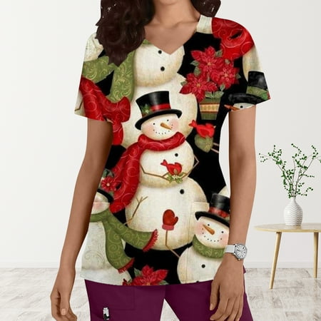

Dezsed Tops Women Fashion Christmas Printing Scrubs Top For Women Casual Short Sleeve V-Neck Working Uniform Shirts Tee Tops With Pockets Roupas Femininas On Clearance