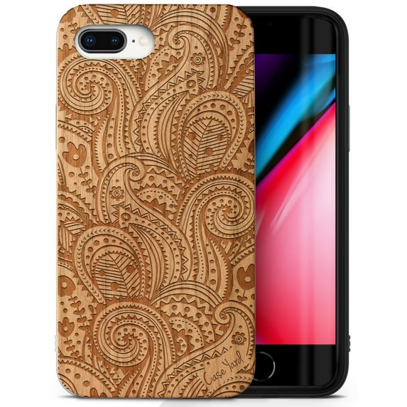 Case Yard Wooden Case Outside Soft TPU Silicone, Slim Fit Shockproof Wood Protective Phone Cover for Girls Boys Men and Women, Supports Wireless Charging Paisley Design case for iPhone-8-Plus