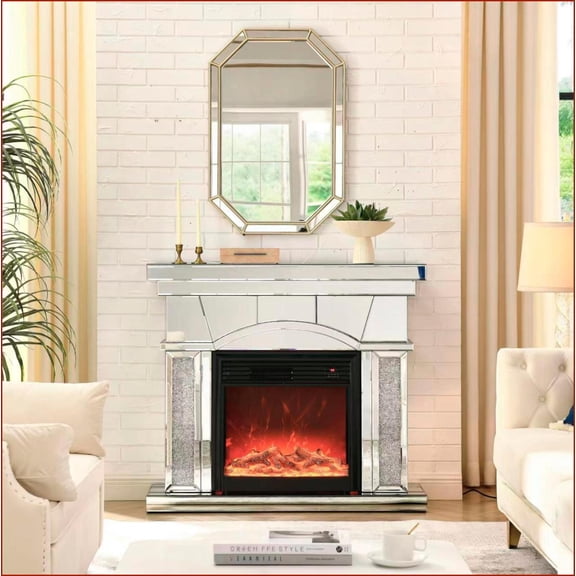 Indoor Fireplace 46”W Dome Door Mirror TV Cabinet with 3D LED Flames | Electric | MDF glass