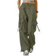 thumbnail image 2 of Womens Cargo Pants High Waisted Baggy Wide Leg Plus Size Parachute Pants with Pockets and drawstring Cargos Lightweight Trousers Y2K Army Green XXL, 2 of 7