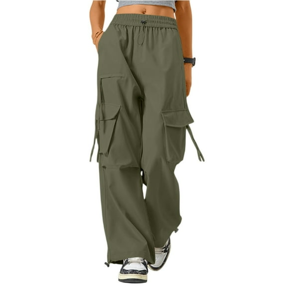 dGslk Women’s Wide Leg Cargo Pants High Waist Loose Fit Drawstring Trousers with Pockets Casual Streetwear for All Seasons Army Green L