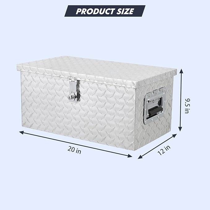 20 Inch Aluminum Diamond Plate Tool Box With Lock and Keys, Heavy Duty Waterproof Truck Storage Organizer Chest for Pick Up Truck Bed, Rv Trailer/Van With Side Handle