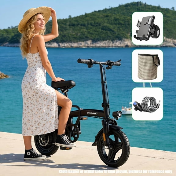 Electric-Bike-for-Adults, Folding-E-Bike-with-Basket, 14" Wheels, 19.9 mph, 500W Brushless Motor, 48V Removable Battery, 4 Shock Absorbers, 25-Mile Range, Battery Display
