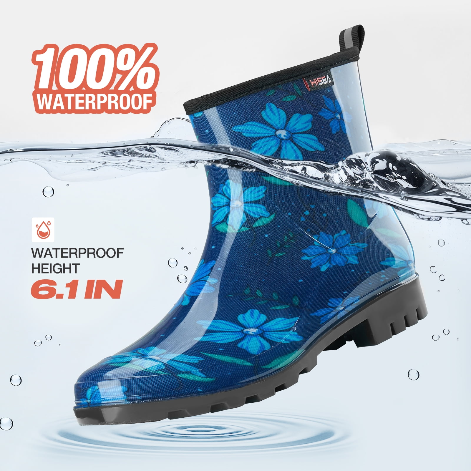 Waterproof Women's Ankle Rain Boots, Non-slip Short Garden Boots，Blue Flower Size 8