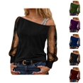 thumbnail image 1 of Sparkly Tops for Women 2026 Spring Fashionable Y2K Long Sleeve Off Shoulder Mesh T Shirt Going out Top Rave Outfits, 1 of 4