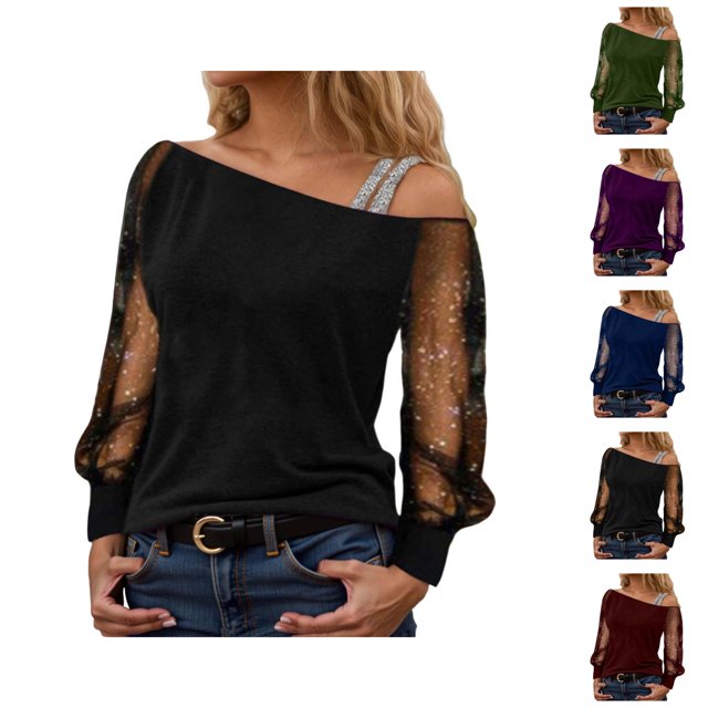 Sparkly Tops for Women 2026 Spring Fashionable Y2K Long Sleeve Off Shoulder Mesh T Shirt Going out Top Rave Outfits