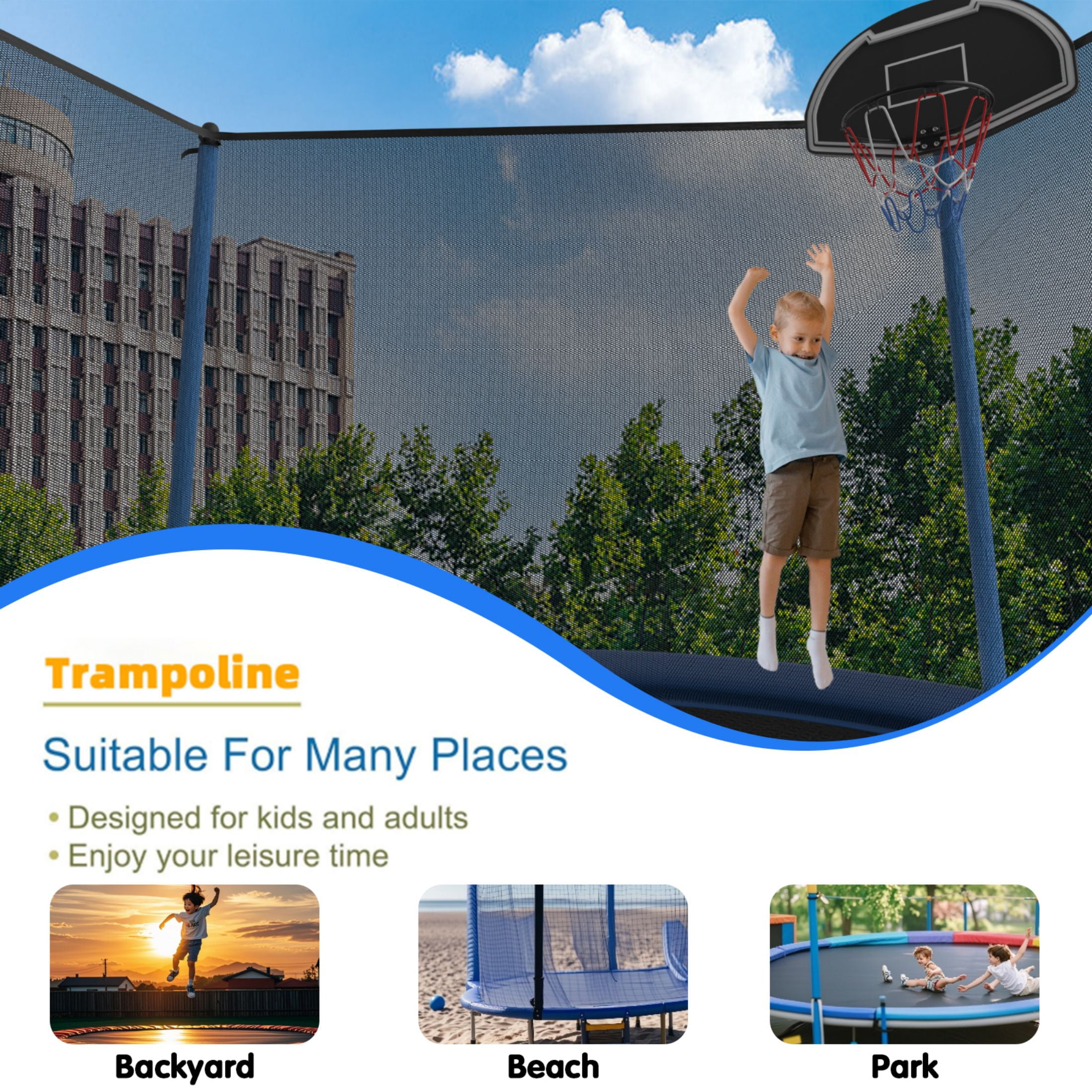 SENCHO GINSYTALIOR Trampoline 12ft Round Outdoor Trampoline for Kids with Enclosure Net, Basketball Hoop, 300-1000LBS Weight Capacity