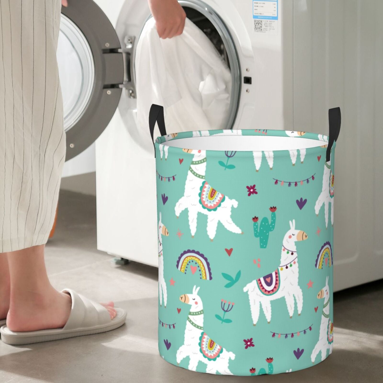Large Laundry Basket with Handles - scandinavian style cute lamas green Kids Baby Dirty Clothes Laundry Hamper for Bedroom Aesthetic