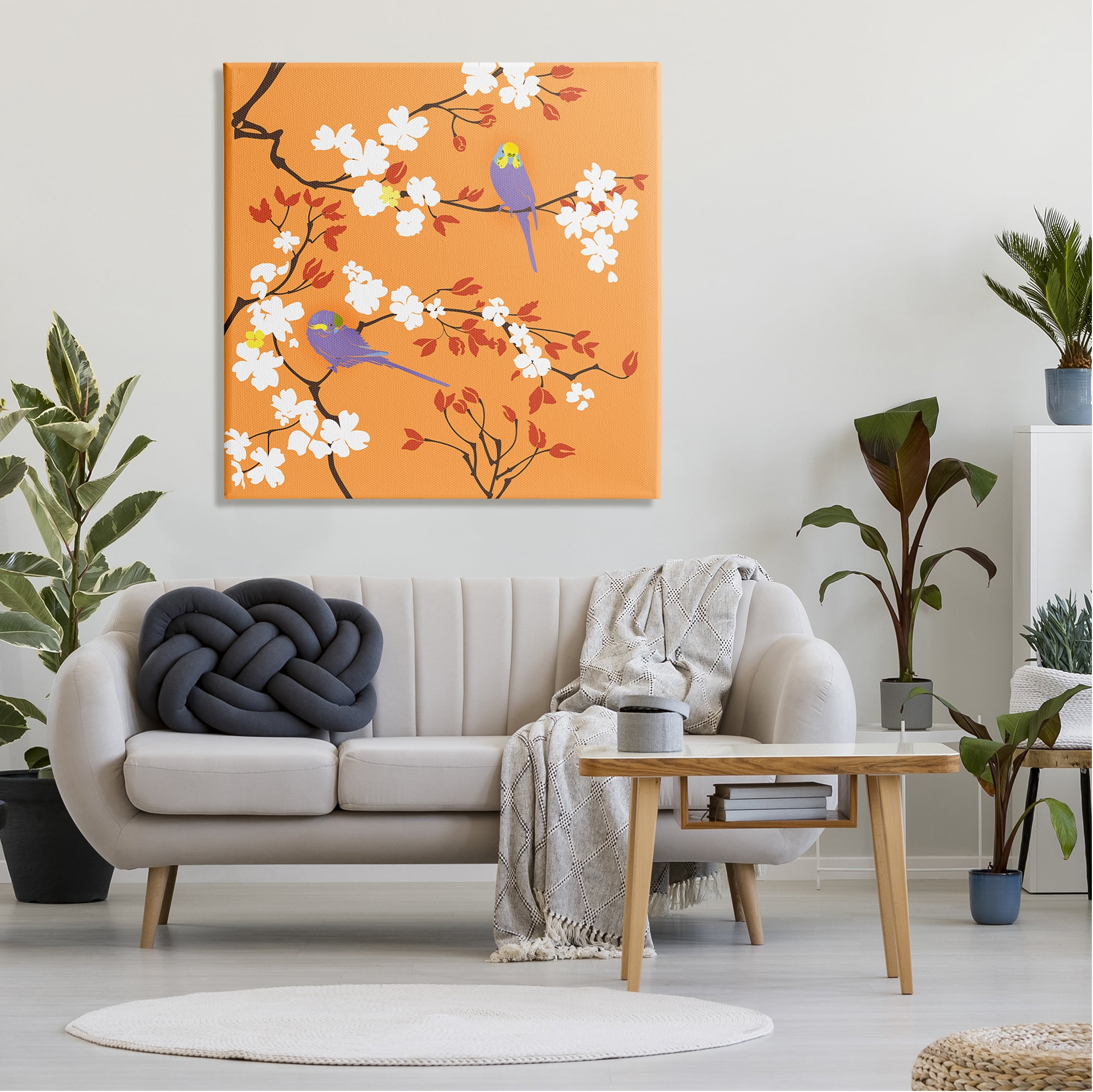 Stupell Industries Parakeets on Orange Animals & Insects Painting Gallery Wrapped Canvas Art Print Wall Art, 36 x 36