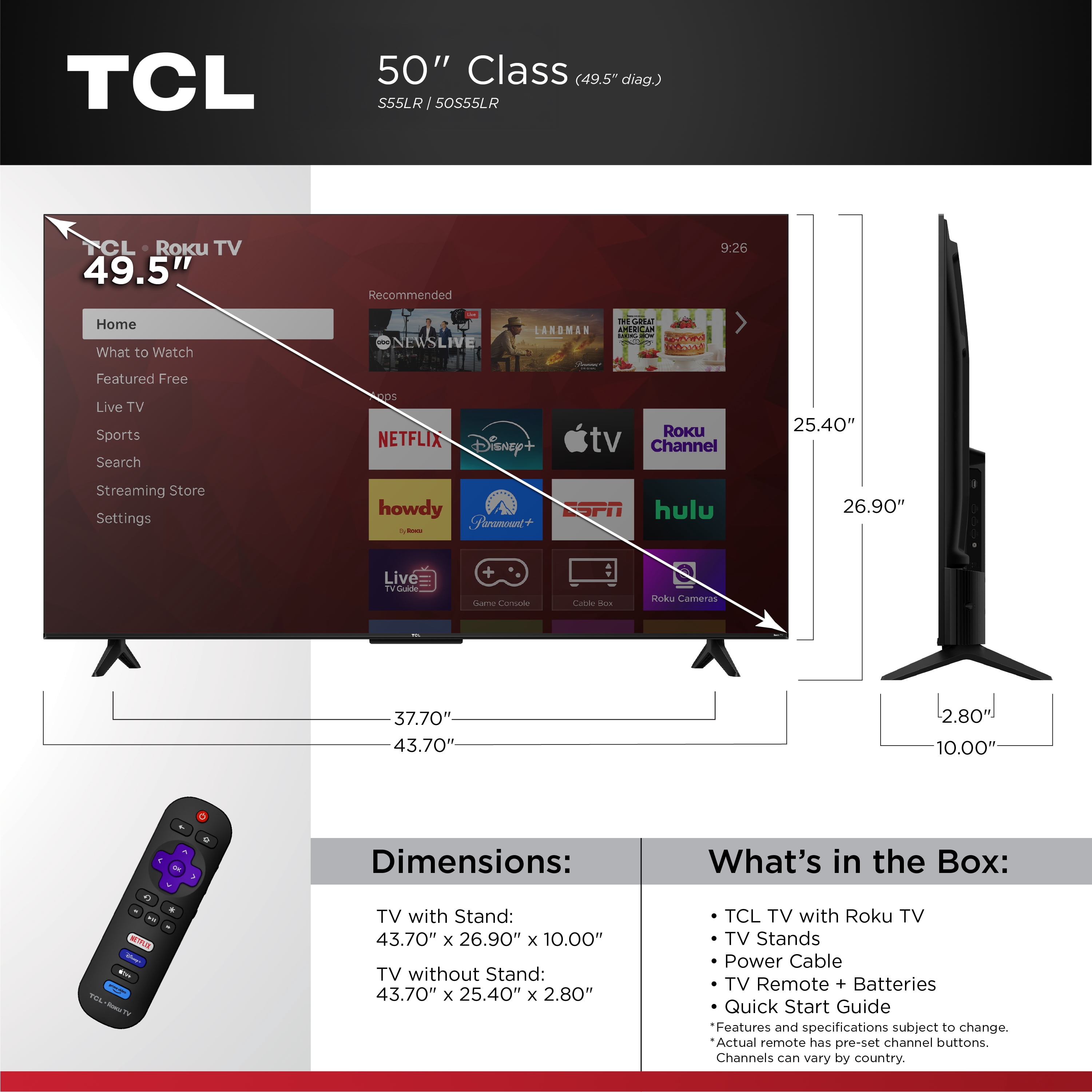 TCL 50” Class S55LR Series 4K HDR LED Smart Roku TV (New 2026) - High Brightness LED Backlight, Wide Color Gamut, Motion Rate 240, Auto Game Mode - 50S55LR