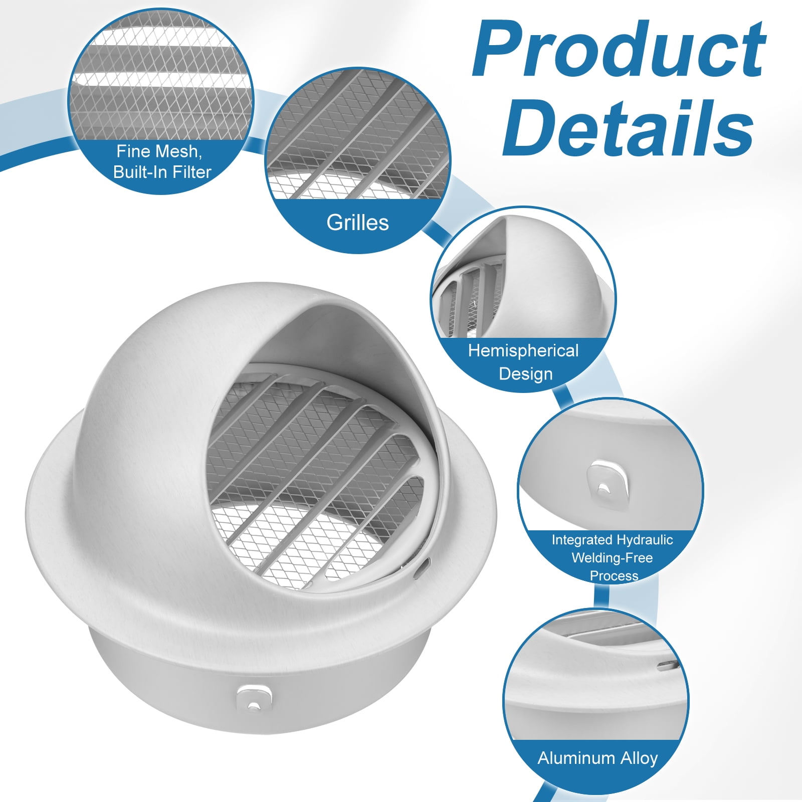 Uxcell 5 Inch Round Wall Vent Cap, Hemispherical Exhaust Grille Vent Covers, Silver
