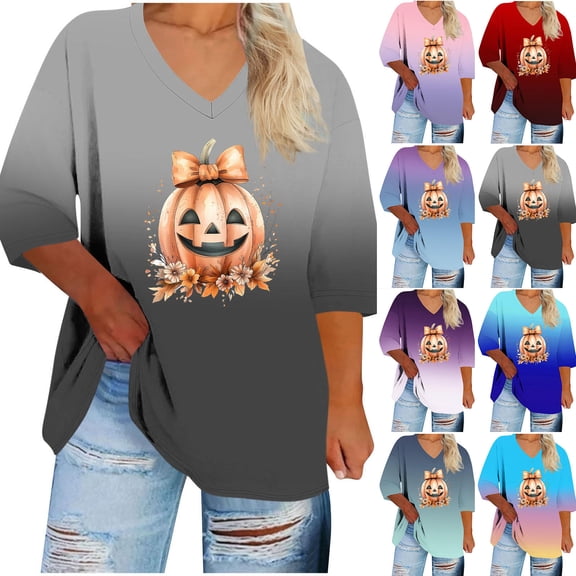 Ounisa Plus Size V Neck Pumpkin T-Shirt Women Retro Graphic Halloween Tees Casual Loose Short Sleeve Fall Holiday Tops