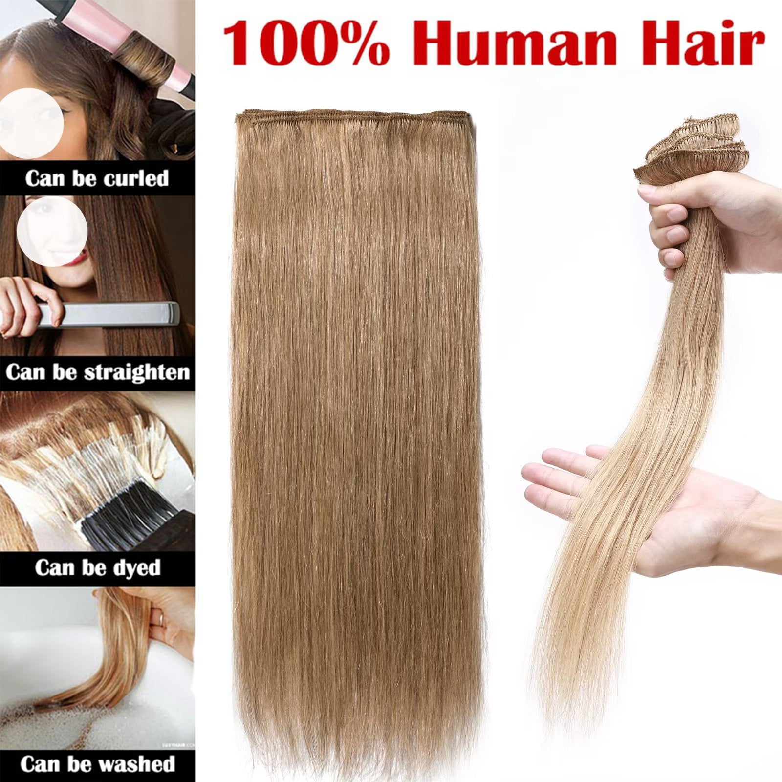 MY-LADY 8Pcs 18Clips Clip in Hair Extensions Human Hair for Women Double Weft Brazilian Remy Straight Human Hair Clip in Hairpiece 14inch #27 Dark Blonde