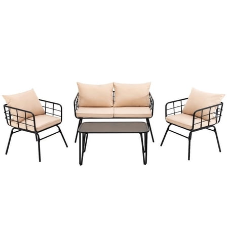 Canddidliike 4 Pieces Patio Furniture Set Outdoor Patio Furniture Set with Seat Back Cushions for Garden-Beige
