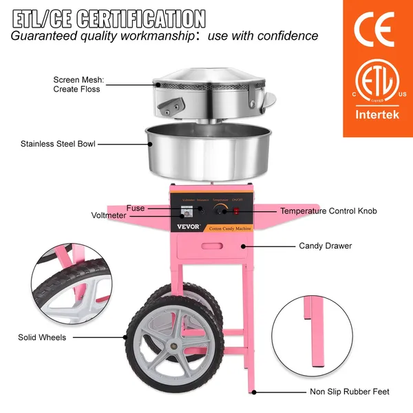 Commercial 1000W Electric Cotton Candy Machine with Cart Stainless Steel Bowl Sugar Scoop Drawer for Home Kids Birthday Family Party Pink