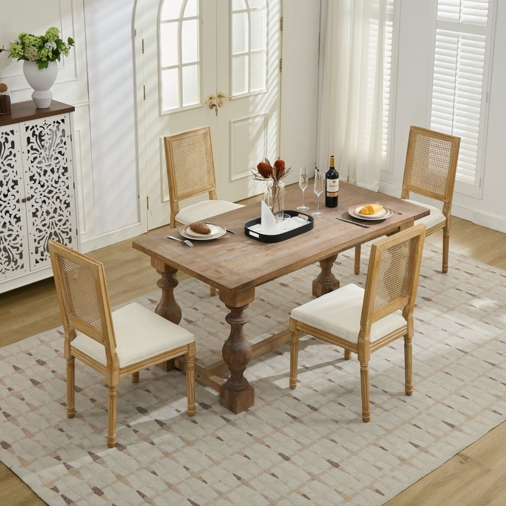 French Dining Chairs Set of 2, Louis Style Chairs with Square Rattan Backrest, Carved Solid Wood Frame, Linen Upholstered Seat, Beige