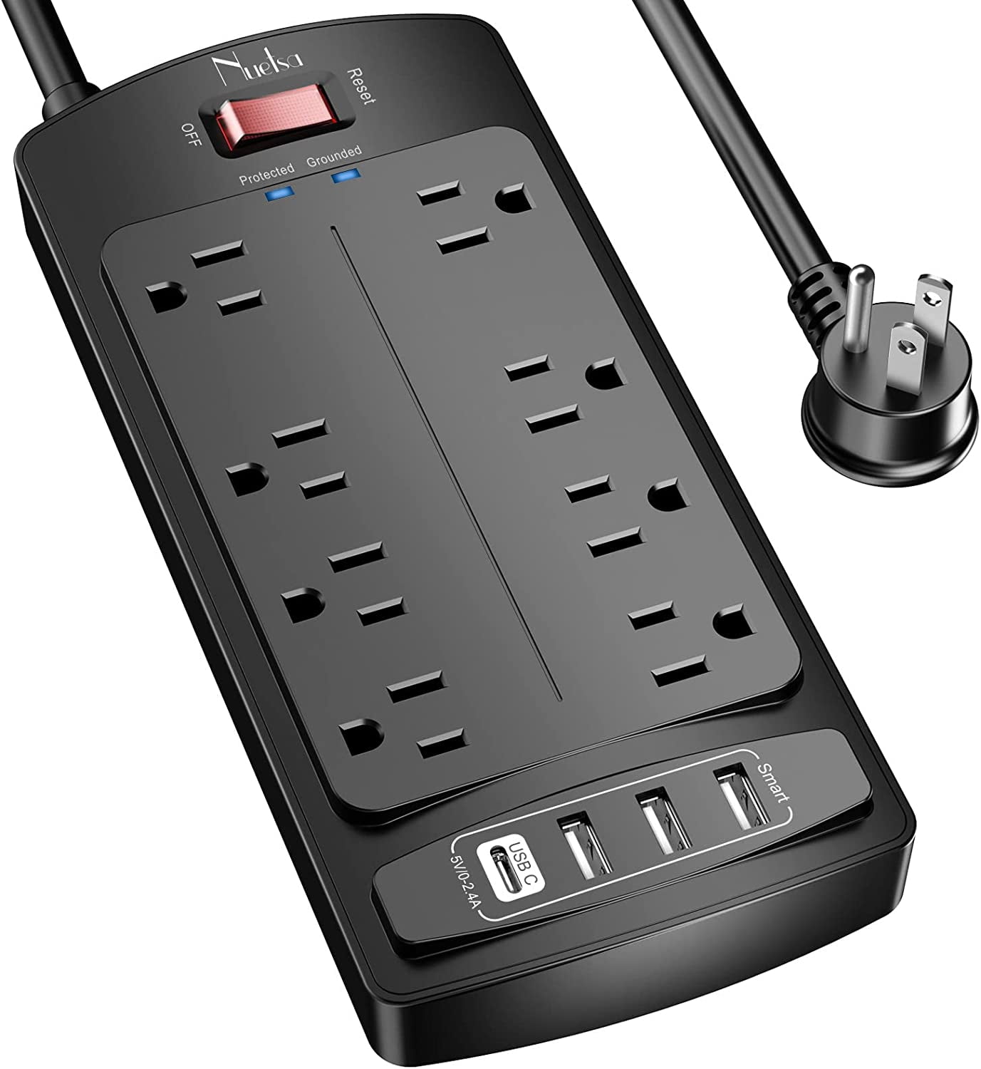 RGHJAR-Surge Protector Power Strip - Flat Plug Extension Cord with 8 Outlets and 4 USB Ports, 6 Feet Power Cord (1625W/13A), 2700 Joules, ETL Listed, Black