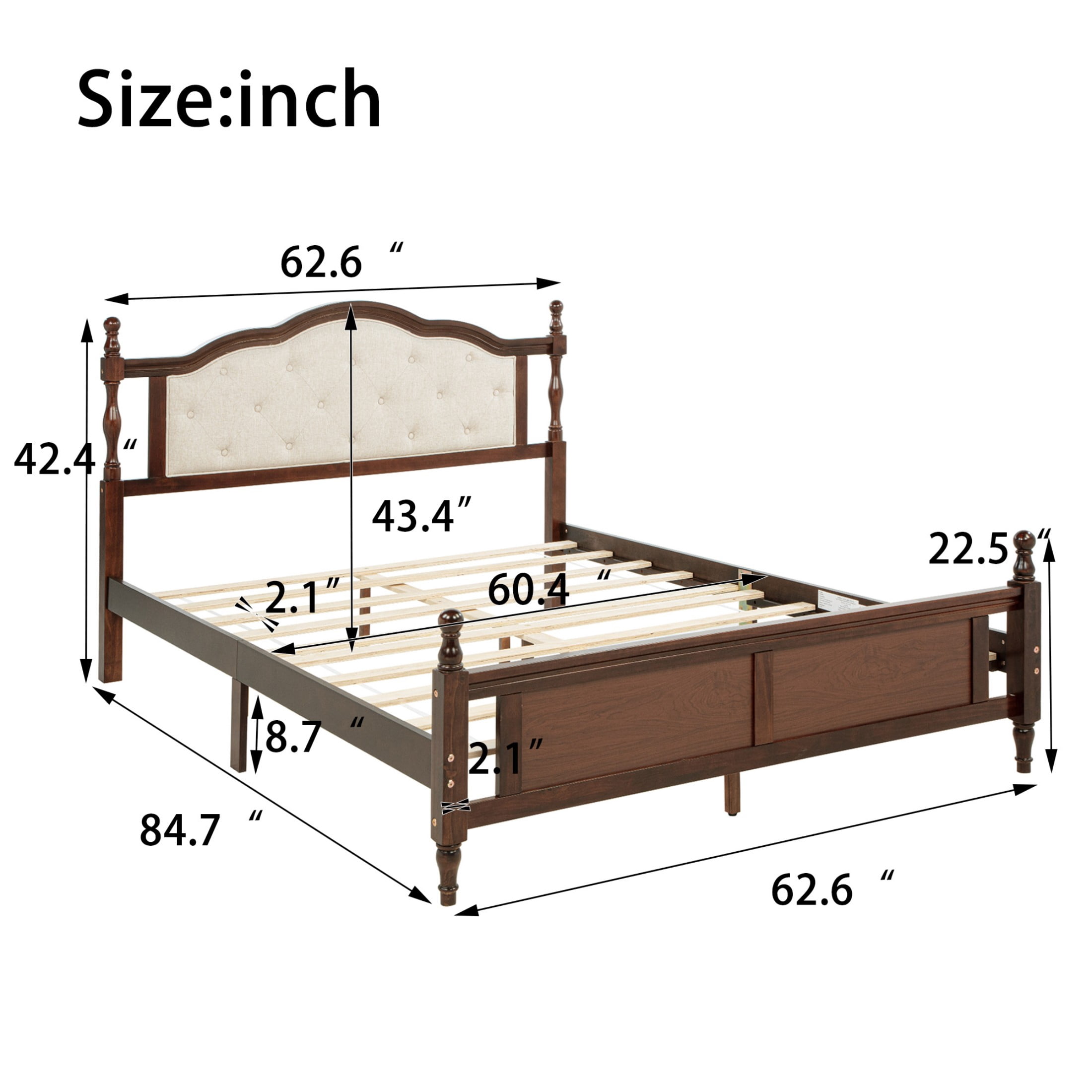 Alvantor Queen Size Bed Frame with Upholstered Headboard & Panel Footboard in Pine Wood, Walnut