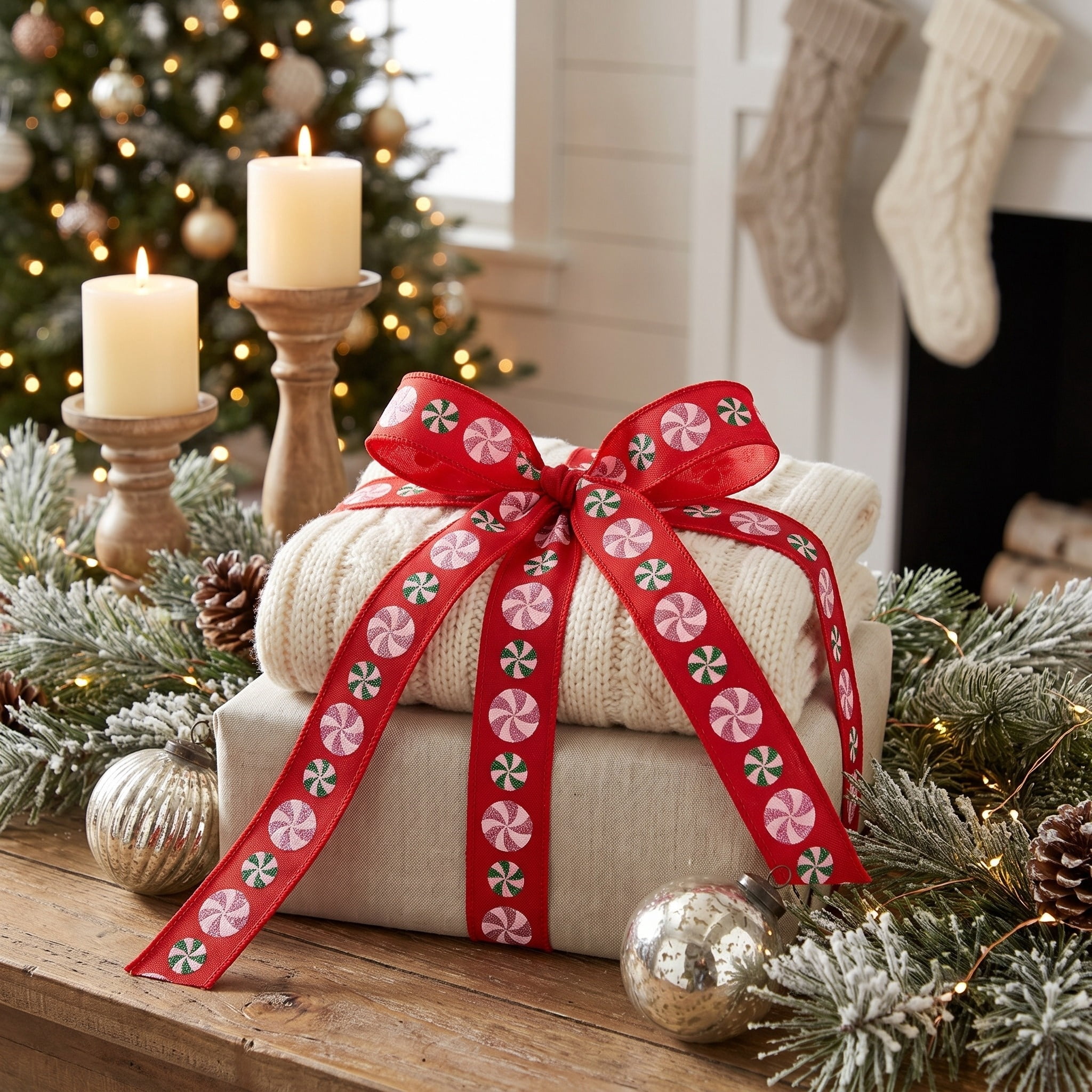 Multicolor Peppermint Candy Mini Christmas Ribbon, 1" x 12', by Holiday Time