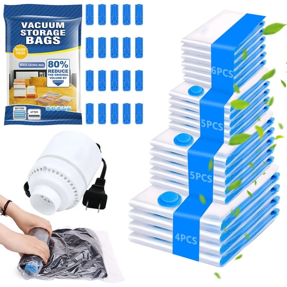 BSMKD 20 Piezas Bolsas de Almacenamiento al Vacío con Bomba Eléctrica, Bolsas de Compresión que Ahorran Espacio, Almacenamiento Reutilizable para Ropa, Almohadas y Edr