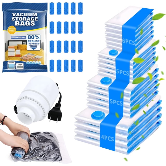 BSMKD 20 Piezas Bolsas de Almacenamiento al Vacío con Bomba Eléctrica, Bolsas de Compresión que Ahorran Espacio, Almacenamiento Reutilizable para Ropa, Almohadas y Edr